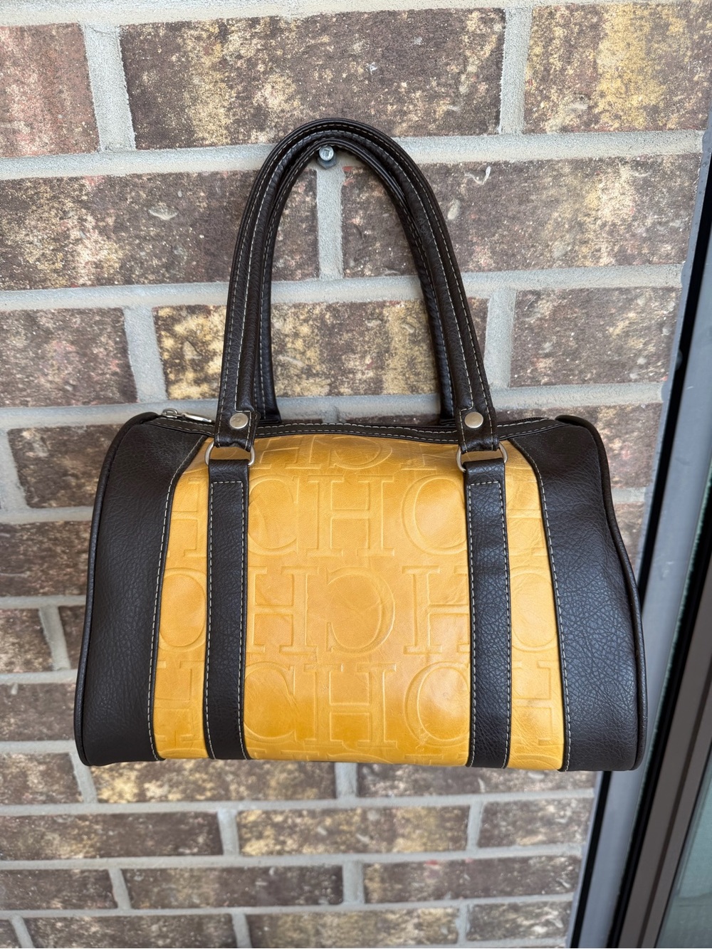 Women's Two-Tone Yellow and Brown Leather Satchel